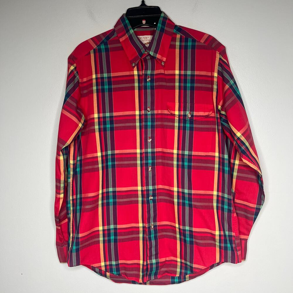VTG The Fox Collection Red Blue Plaid Button-Down Dress Shirt Men's M 15/15.5